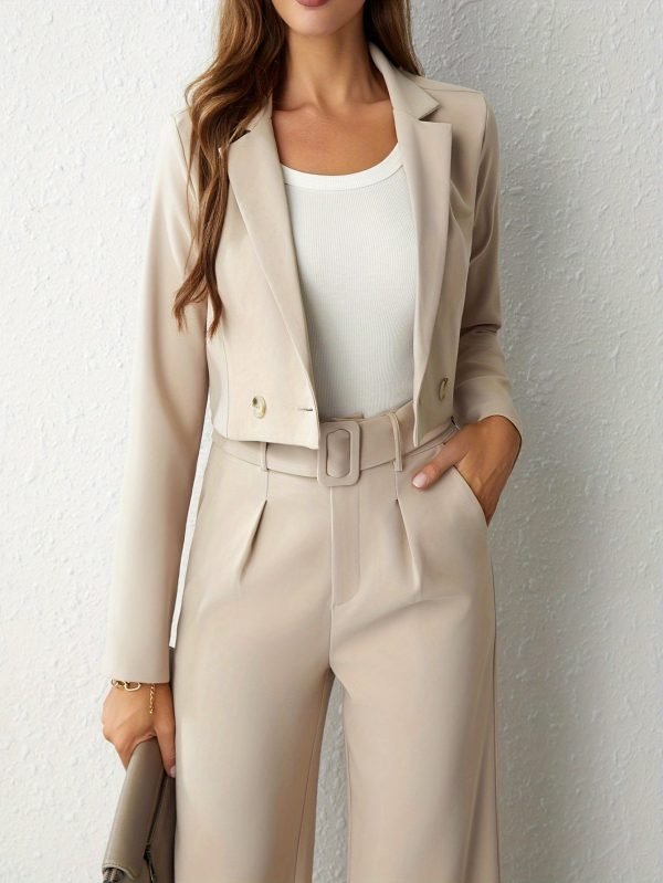 0fdafa9383c8ec763093350e9cc559cd-1 Business Casual Two-piece Set, Double-breasted Lapel Long Sleeve Blazer & Belted Wide Leg Pants Outfits, Women's Clothing