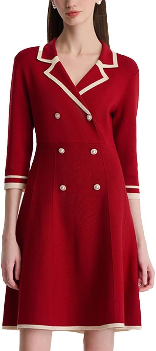 Blue Mini Sweater Dress for Women, Button up 3/4 Sleeve Knit Dresses for Teacher Work Business