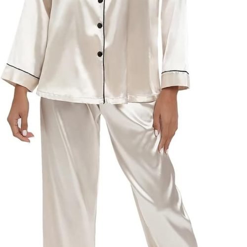 Women's Silk Satin Pajamas Set Long Sleeve Sleepwear Soft Pjs Set Two Piece Button Down Loungewear Pj Set