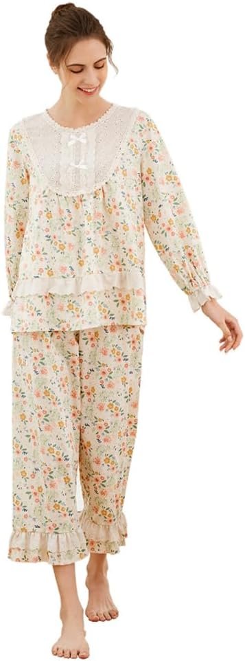 Women Pajamas Set Cotton Long Sleeve Button Down Sleep Shirt Womens Loungewear Set Cotton Nightie