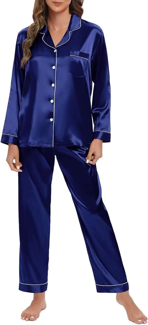 51H6Y0oFJSL._AC_SL1500 Women's Silk Satin Pajamas Set Long Sleeve Sleepwear Soft Pjs Set Two Piece Button Down Loungewear Pj Set