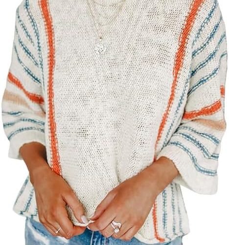 Womens 2024 Cute Spring Summer Color Block Striped Lightweight Comfy Cable Knit Beach Boho Clothes Pullover Sweaters