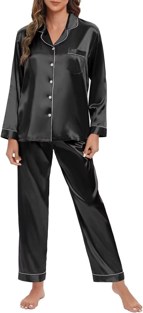 51RtnUuQ6ZL._AC_SL1500 Women's Silk Satin Pajamas Set Long Sleeve Sleepwear Soft Pjs Set Two Piece Button Down Loungewear Pj Set