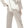 51ePwktFiJL._AC_SL1500 Women's Silk Satin Pajamas Set Long Sleeve Sleepwear Soft Pjs Set Two Piece Button Down Loungewear Pj Set
