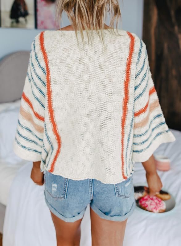 51g5CB7qk4L._AC Womens 2024 Cute Spring Summer Color Block Striped Lightweight Comfy Cable Knit Beach Boho Clothes Pullover Sweaters