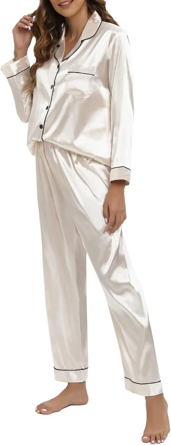51kIF6-8QiL._AC_SL1500 Women's Silk Satin Pajamas Set Long Sleeve Sleepwear Soft Pjs Set Two Piece Button Down Loungewear Pj Set