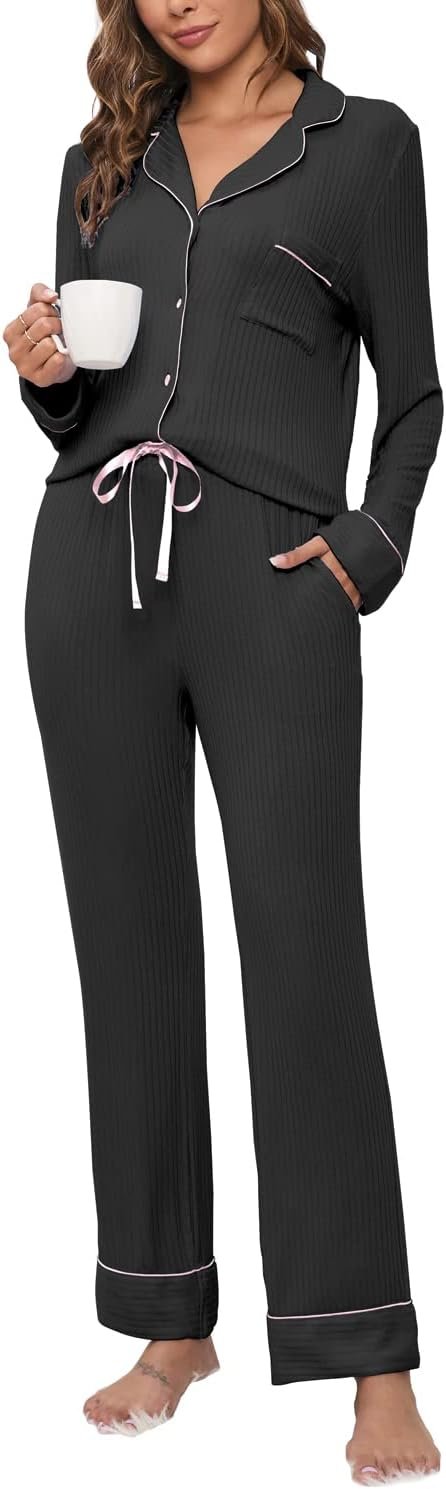 51uB4SY1_rL._AC_SL1500 Womens Pajama Sets Soft Comfy Button Down Knitted Long Sleeve Sleepwear Pjs Lounge Sets Nightwear