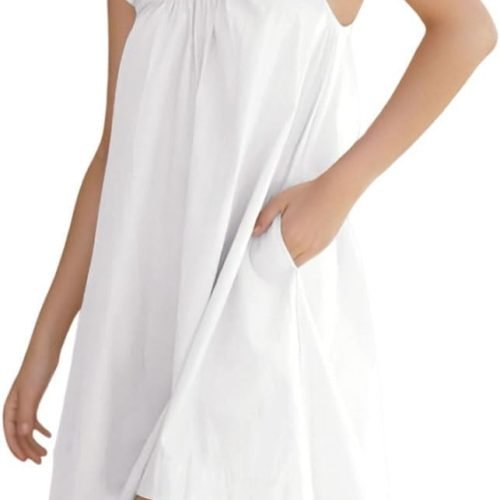 51zzYi-0G2L._AC_SL1200 Womens Ruffle Nightgown Cotton Sleeveless Nightdress Soft Printed Night gown with Pockets
