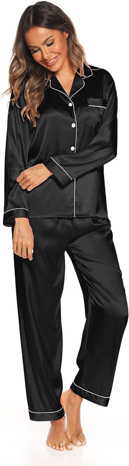 Silk Satin Pajamas Set for Women 2 Piece Soft Long Sleeve Tops & Bottoms Sleepwear Pj Lounge Set S-XXL