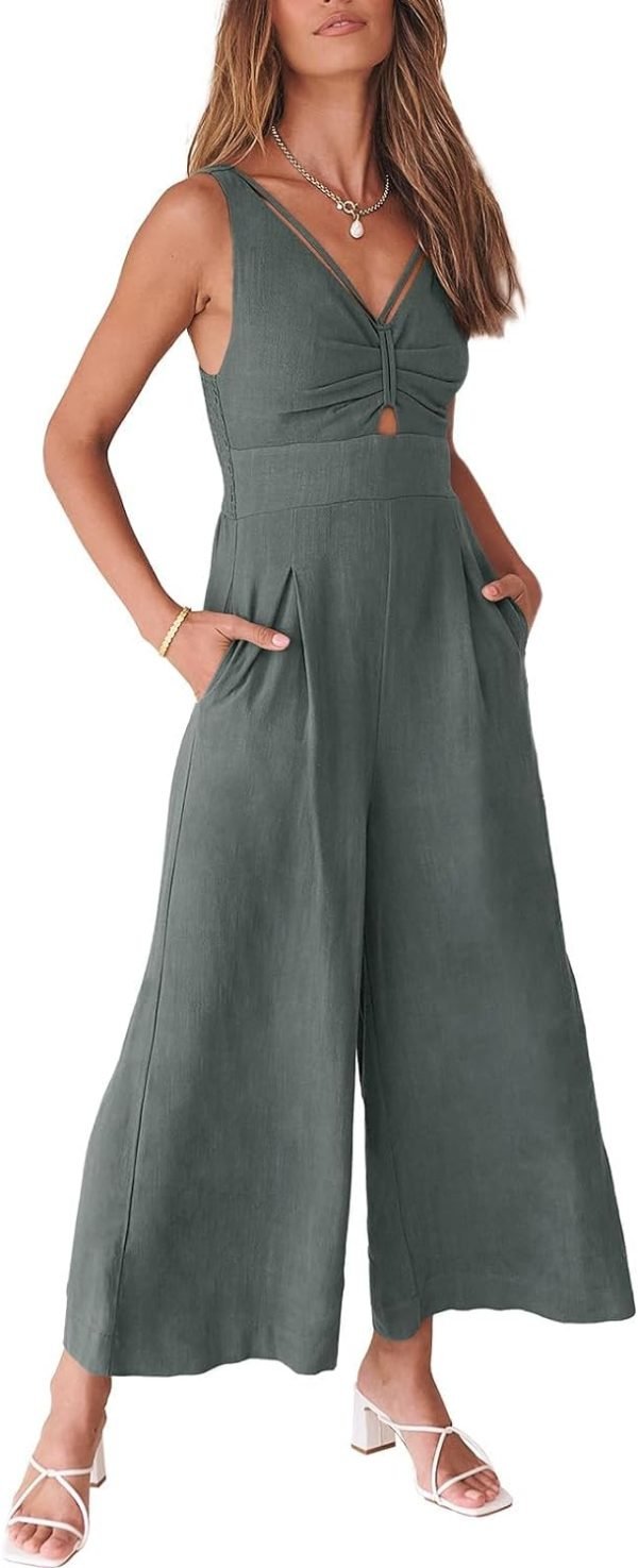 ANRABESS Women's Summer Wide Leg Linen Jumpsuits Dressy V Neck Sleeveless Casual Pants Rompers 2024 Vacation Beach Outfits