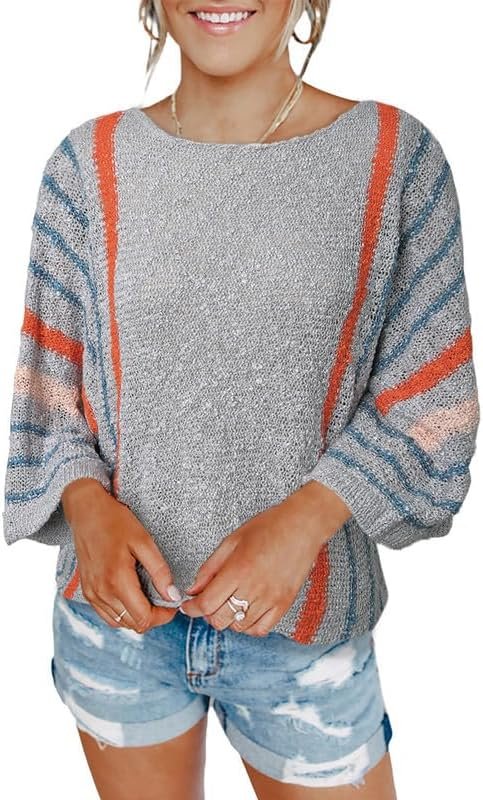 614l-6vbXyL._AC Womens 2024 Cute Spring Summer Color Block Striped Lightweight Comfy Cable Knit Beach Boho Clothes Pullover Sweaters
