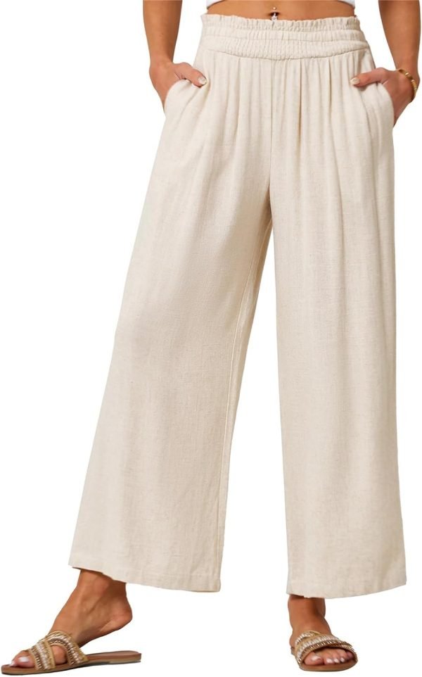 61BQb0n4ZsL._AC_SL1500 JASAMBAC Women's Capri Linen Wide Leg Pants Summer Boho Wide Leg Pants Smocked High-Rise Waist Casual Beach Pants with Pocket