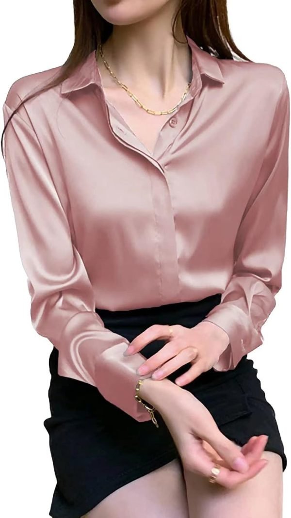 Women's Satin Blouse Fashion Long Sleeve Satin Silk Shirt Work Office Top Casual Shirt