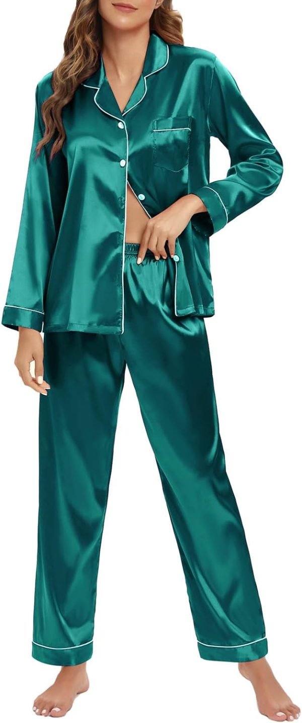 61HpzTz0XPL._AC_SL1500 Women's Silk Satin Pajamas Set Long Sleeve Sleepwear Soft Pjs Set Two Piece Button Down Loungewear Pj Set