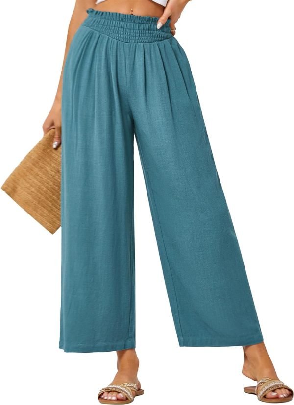 61KBYlfHLsL._AC_SL1500 JASAMBAC Women's Capri Linen Wide Leg Pants Summer Boho Wide Leg Pants Smocked High-Rise Waist Casual Beach Pants with Pocket