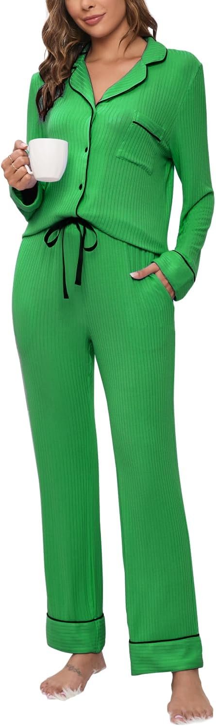 61LrscQ4CHL._AC_SL1500 Womens Pajama Sets Soft Comfy Button Down Knitted Long Sleeve Sleepwear Pjs Lounge Sets Nightwear