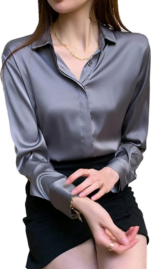 Women's Satin Blouse Fashion Long Sleeve Satin Silk Shirt Work Office Top Casual Shirt