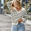 61OmaPUGC0L._AC_SL1200 Women's Lightweight Striped Loose Sweater Polo V Neck Knitted Lapel Shirt Casual Color Block Top with Cream Background
