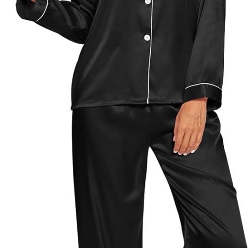 61PI5xfschL._AC_SL1500 Silk Satin Pajamas Set for Women 2 Piece Soft Long Sleeve Tops & Bottoms Sleepwear Pj Lounge Set S-XXL