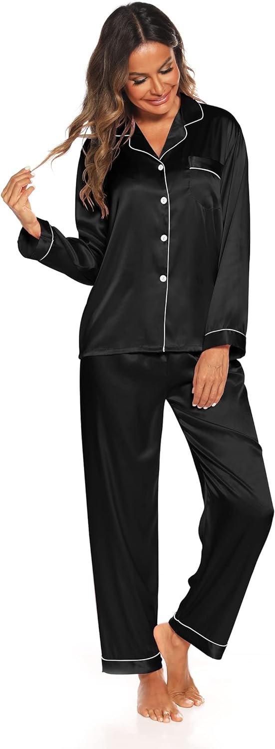 Silk Satin Pajamas Set for Women 2 Piece Soft Long Sleeve Tops & Bottoms Sleepwear Pj Lounge Set S-XXL