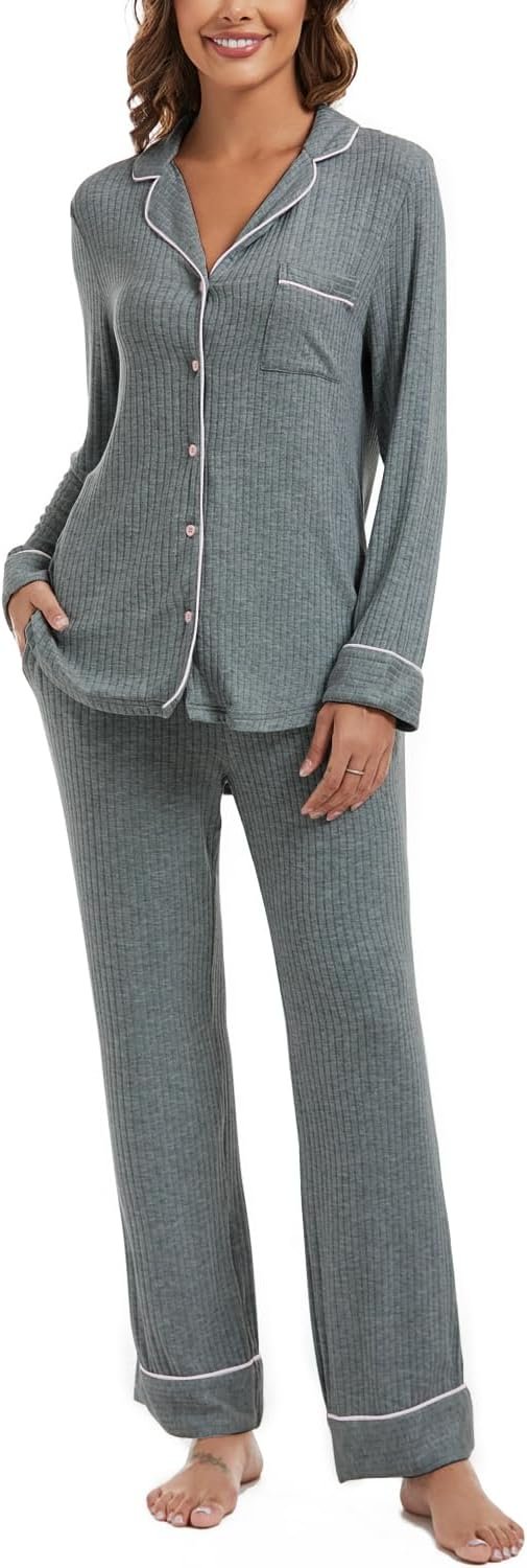 61Pv97Mg5WL._AC_SL1500 Womens Pajama Sets Soft Comfy Button Down Knitted Long Sleeve Sleepwear Pjs Lounge Sets Nightwear