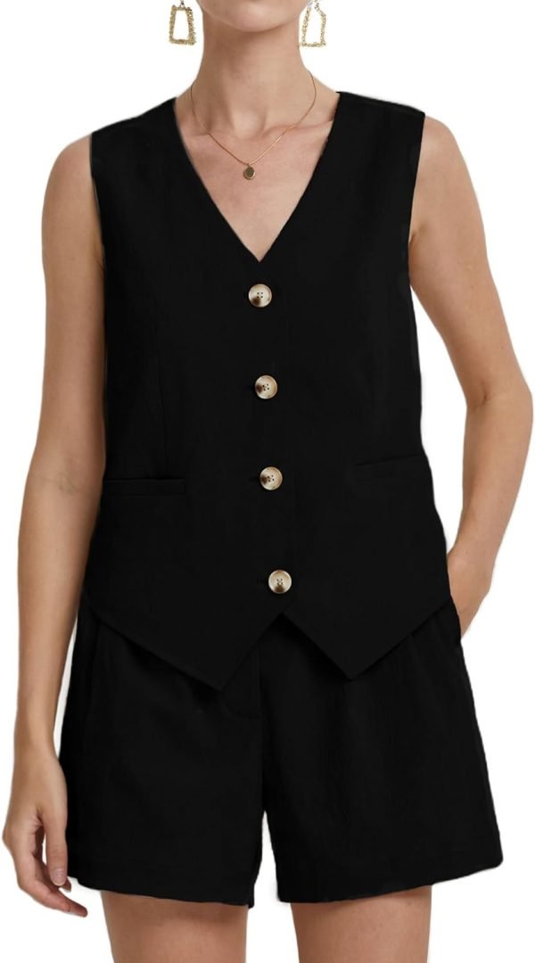 61SSeYMoBGL._AC_SL1500 Womens Two Piece Outfits 2024 Summer Casual Sleeveless Blazer Vest Shorts Set with Pockets