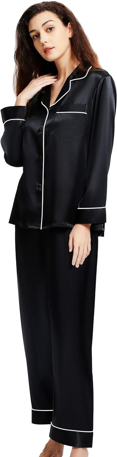 61TtbjeTpaL._AC_SL1500 Women's Satin Pajamas Set Long Sleeve Button Down Shirt With Long Pant Sleepwear