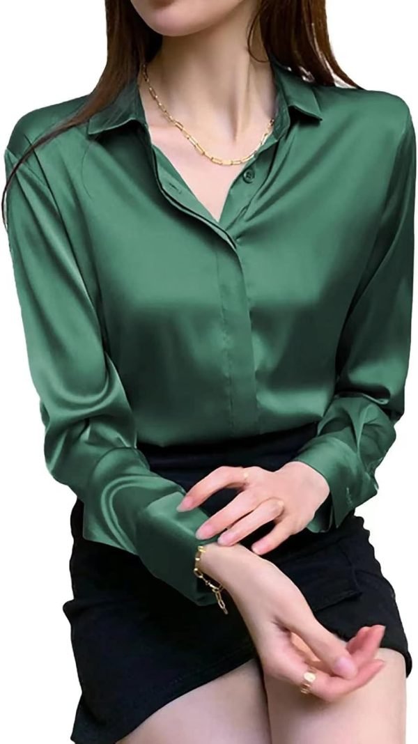 Women's Satin Blouse Fashion Long Sleeve Satin Silk Shirt Work Office Top Casual Shirt