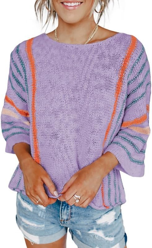 61W2hrLoRlL._AC Womens 2024 Cute Spring Summer Color Block Striped Lightweight Comfy Cable Knit Beach Boho Clothes Pullover Sweaters