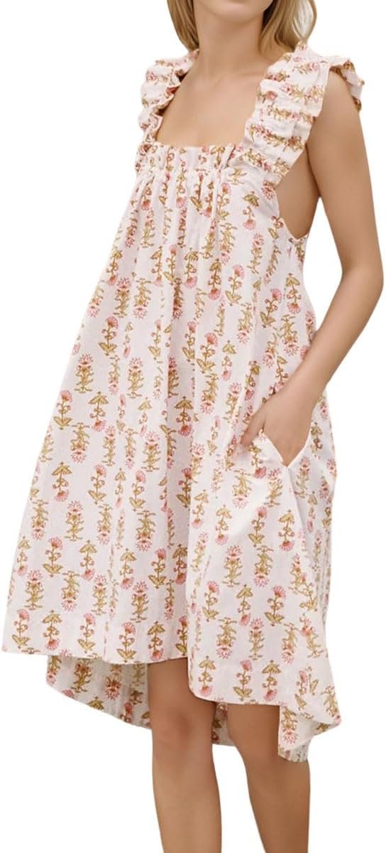 61W6K4efwPL._AC_SL1200 Womens Ruffle Nightgown Cotton Sleeveless Nightdress Soft Printed Night gown with Pockets