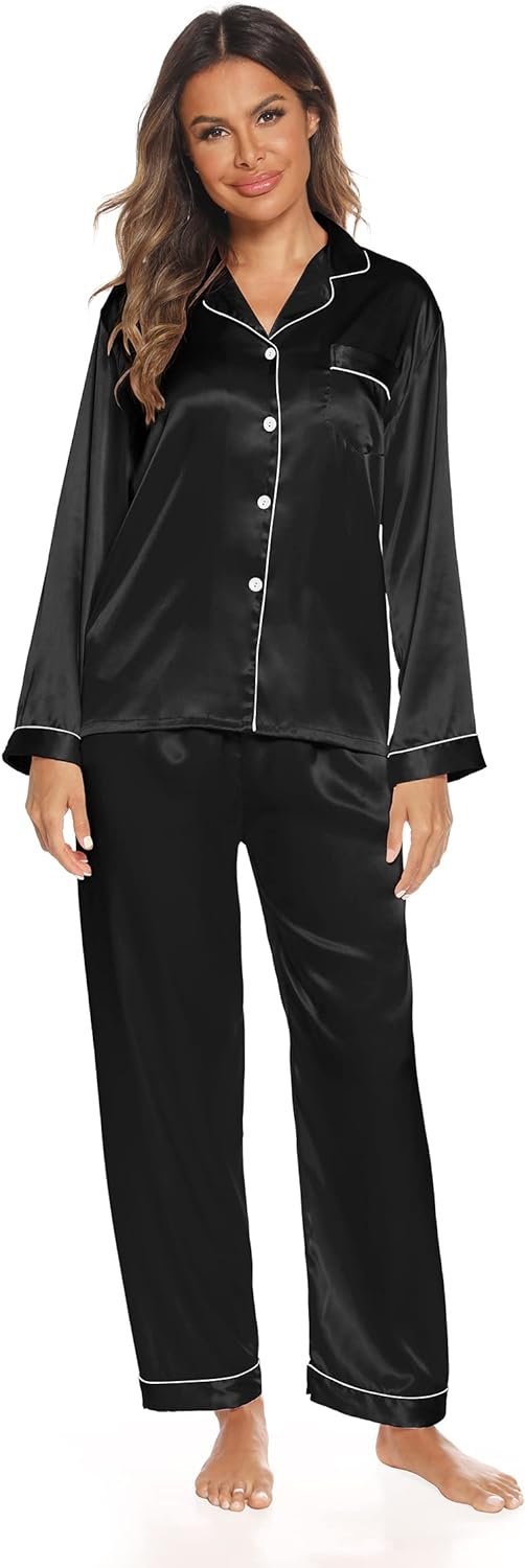 Silk Satin Pajamas Set for Women 2 Piece Soft Long Sleeve Tops & Bottoms Sleepwear Pj Lounge Set S-XXL