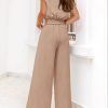 Women's Summer 2 Piece Outfits 2024 Cap Sleeve V Neck Belted Crop Tops Wide Leg Pant Sets Casual Tracksuit