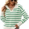 61bWos_LPFL._AC_SL1332 Women's Lightweight Striped Loose Sweater Polo V Neck Knitted Lapel Shirt Casual Color Block Top with Cream Background