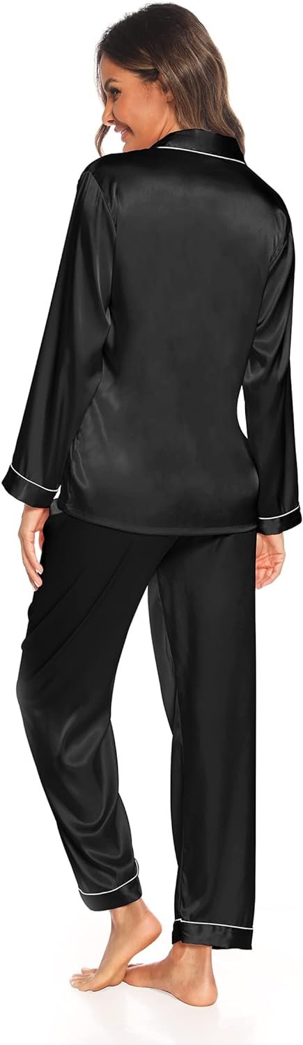 Silk Satin Pajamas Set for Women 2 Piece Soft Long Sleeve Tops & Bottoms Sleepwear Pj Lounge Set S-XXL