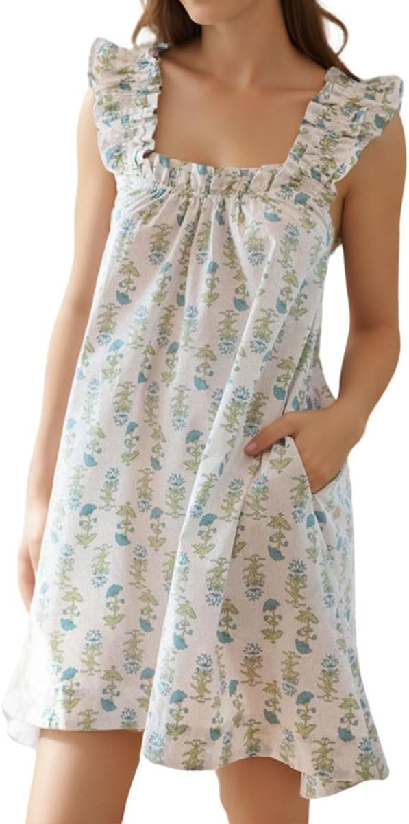 61chfdoVcLL._AC_SL1200_dfb50a38-10ce-4f47-8ad8-e5364b6df385 Womens Ruffle Nightgown Cotton Sleeveless Nightdress Soft Printed Night gown with Pockets