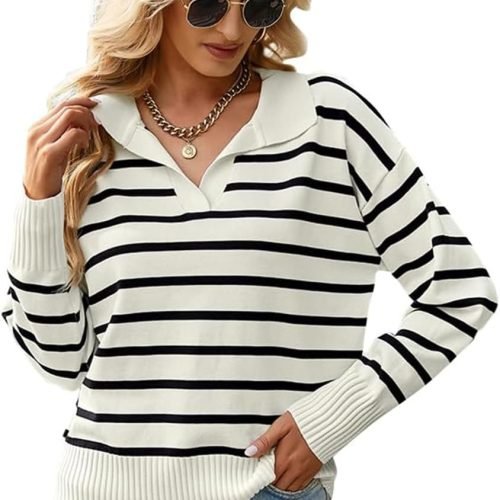 61jmL_ZYNfL._AC_SL1332 Women's Lightweight Striped Loose Sweater Polo V Neck Knitted Lapel Shirt Casual Color Block Top with Cream Background