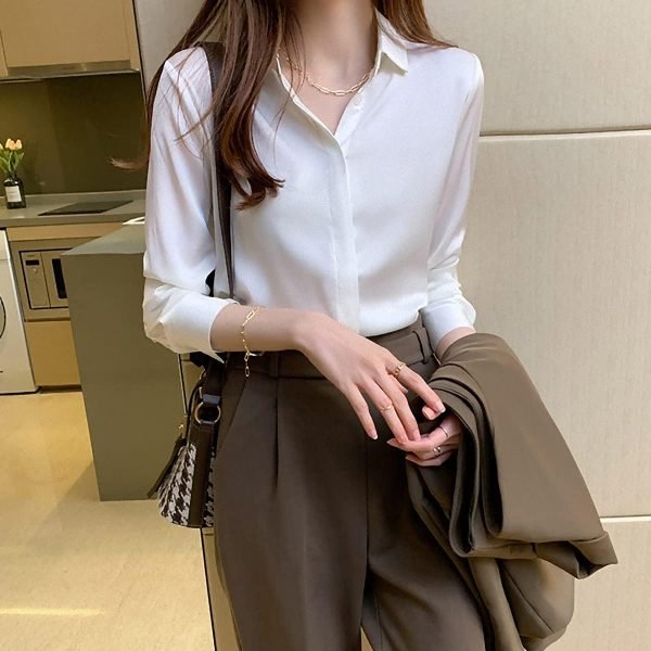 Women's Satin Blouse Fashion Long Sleeve Satin Silk Shirt Work Office Top Casual Shirt
