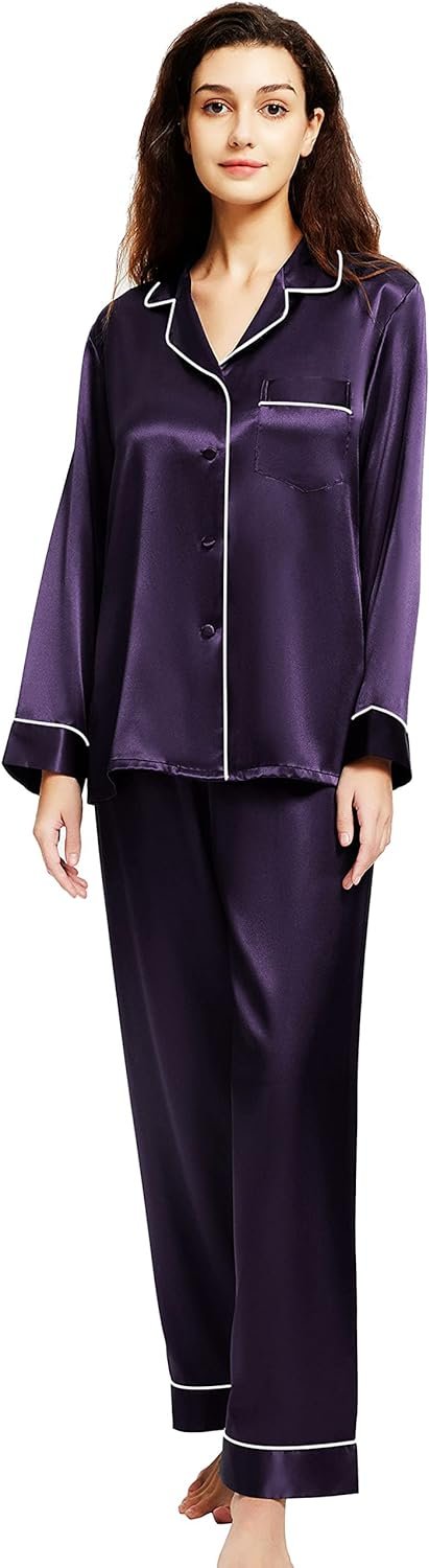 61kd6SsxFXL._AC_SL1500 Women's Satin Pajamas Set Long Sleeve Button Down Shirt With Long Pant Sleepwear