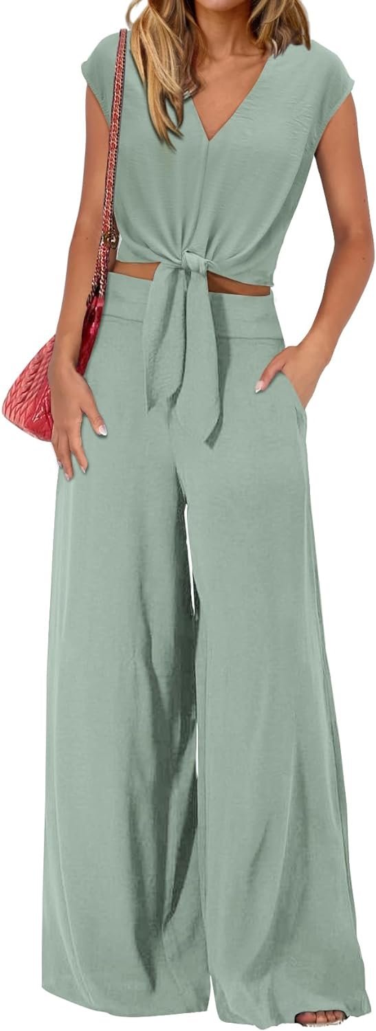 Women's Summer 2 Piece Outfits 2024 Cap Sleeve V Neck Belted Crop Tops Wide Leg Pant Sets Casual Tracksuit
