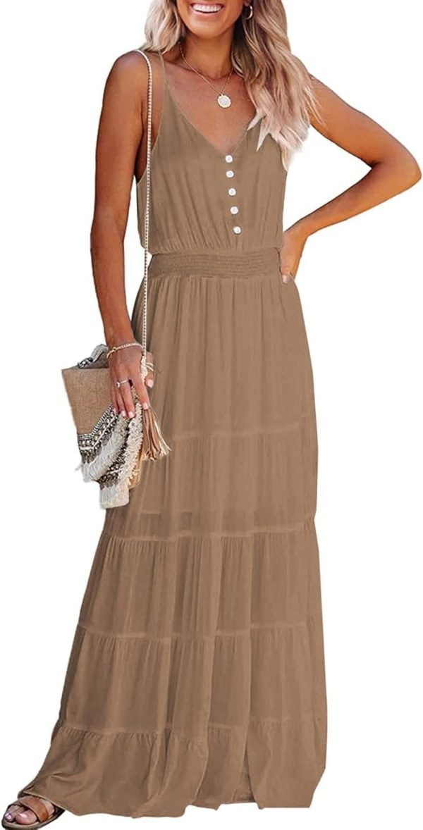 61l0uInEVQL._AC_SL1500 Womens Summer Spaghetti Strap Sleeveless High Waist Beach Long Maxi Sun Dress