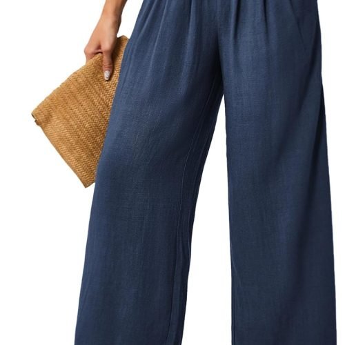 61lhfOI5HCL._AC_SL1500 JASAMBAC Women's Capri Linen Wide Leg Pants Summer Boho Wide Leg Pants Smocked High-Rise Waist Casual Beach Pants with Pocket