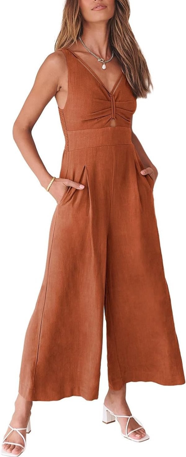 ANRABESS Women's Summer Wide Leg Linen Jumpsuits Dressy V Neck Sleeveless Casual Pants Rompers 2024 Vacation Beach Outfits