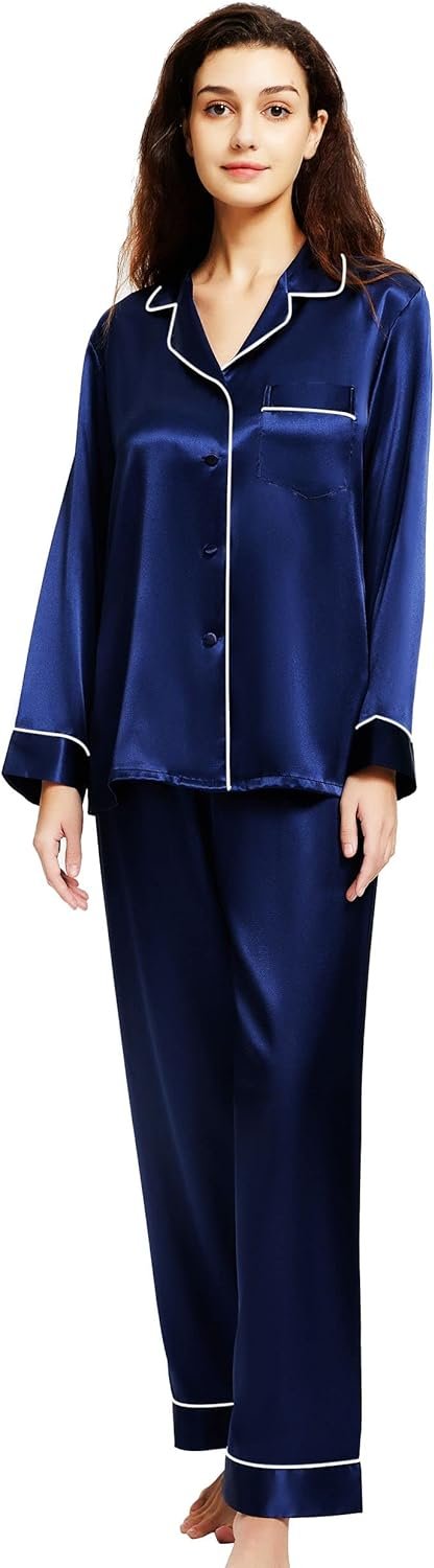 61suvnWDAdL._AC_SL1500 Women's Satin Pajamas Set Long Sleeve Button Down Shirt With Long Pant Sleepwear