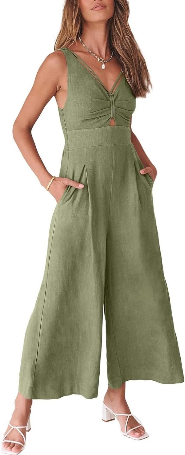 ANRABESS Women's Summer Wide Leg Linen Jumpsuits Dressy V Neck Sleeveless Casual Pants Rompers 2024 Vacation Beach Outfits