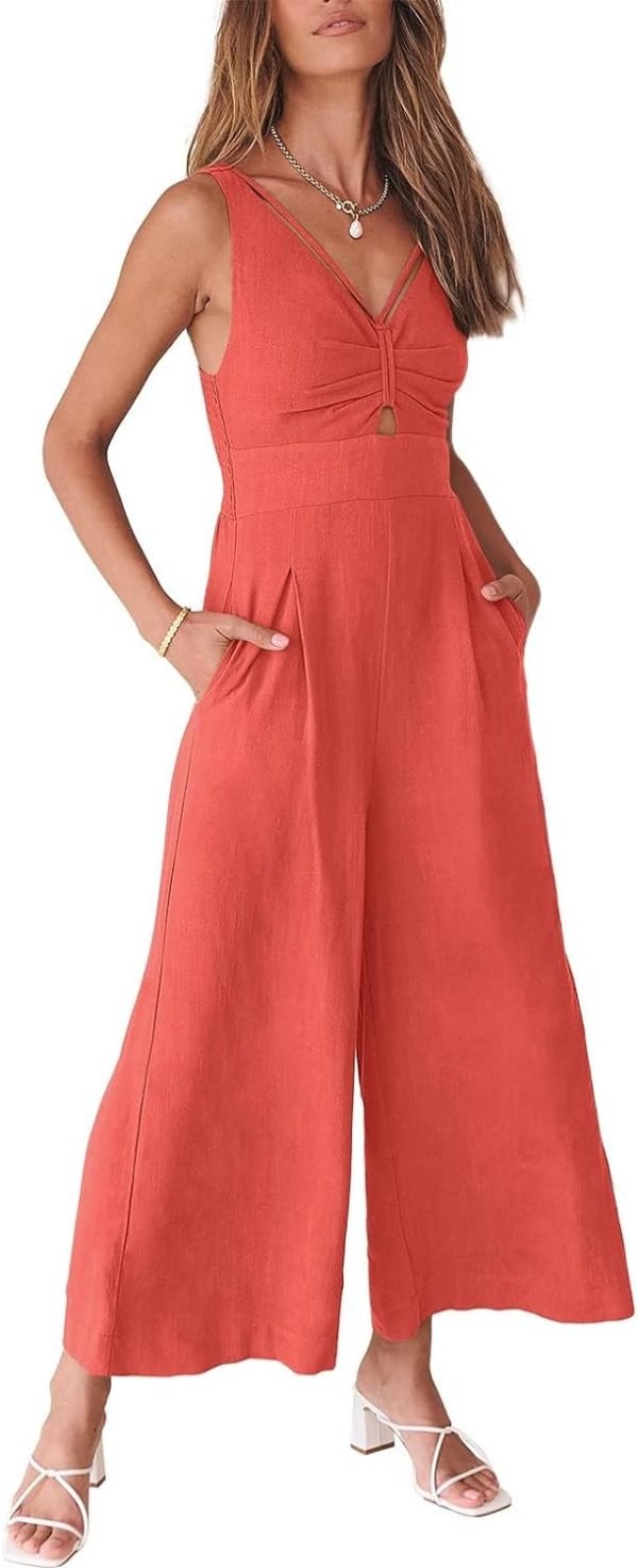 ANRABESS Women's Summer Wide Leg Linen Jumpsuits Dressy V Neck Sleeveless Casual Pants Rompers 2024 Vacation Beach Outfits