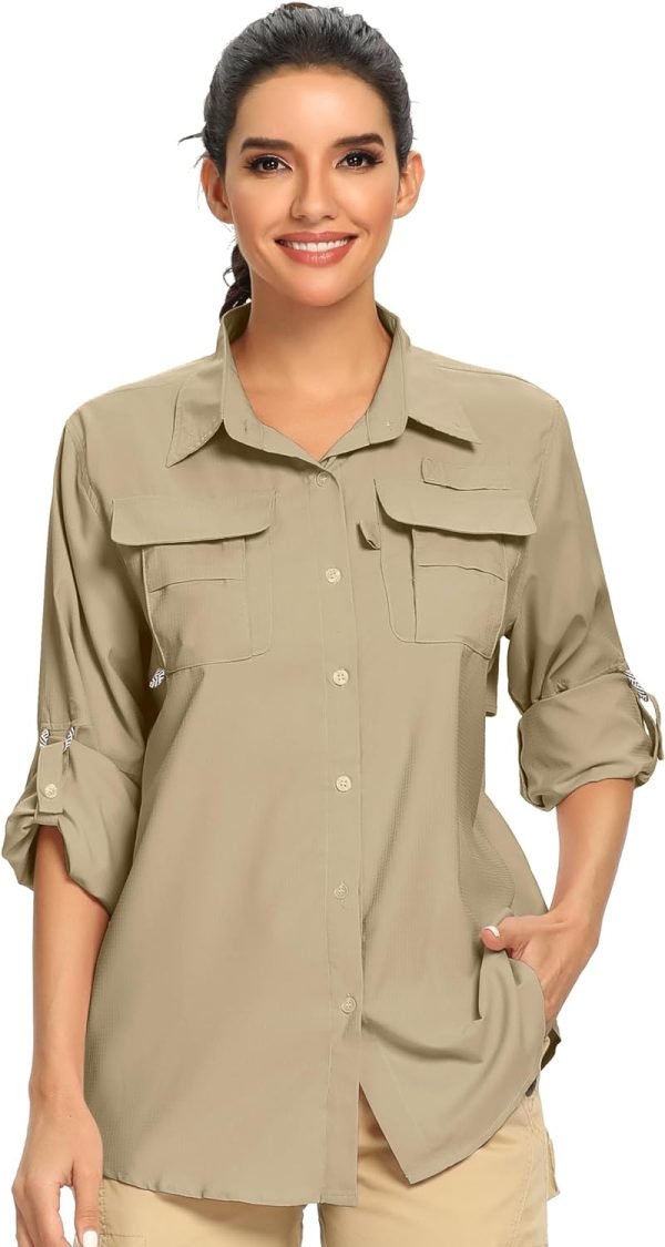 7108x-sMEbL._AC_SL1500 Women's UPF 50 Long Sleeve UV Sun Protection Safari Shirts Outdoor Quick Dry Fishing Hiking Travel Shirts