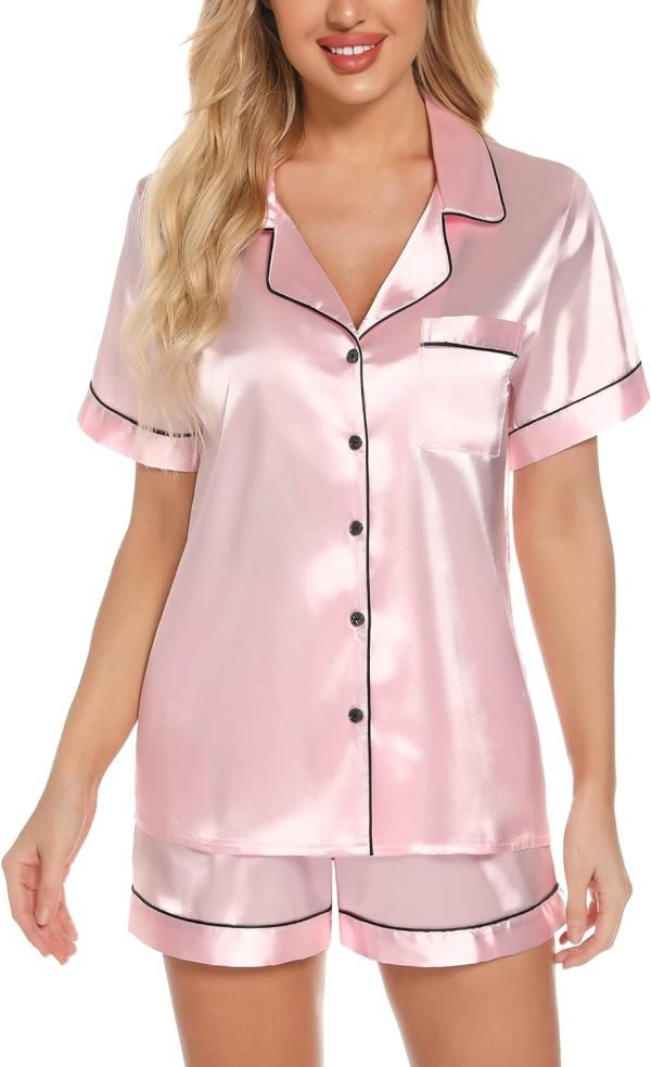 7164ib-paBL._AC_SL1500 Womens Silk Satin Pajamas Set Button Down Pj Sets Short Sleeve Sleepwear Set S-XXl