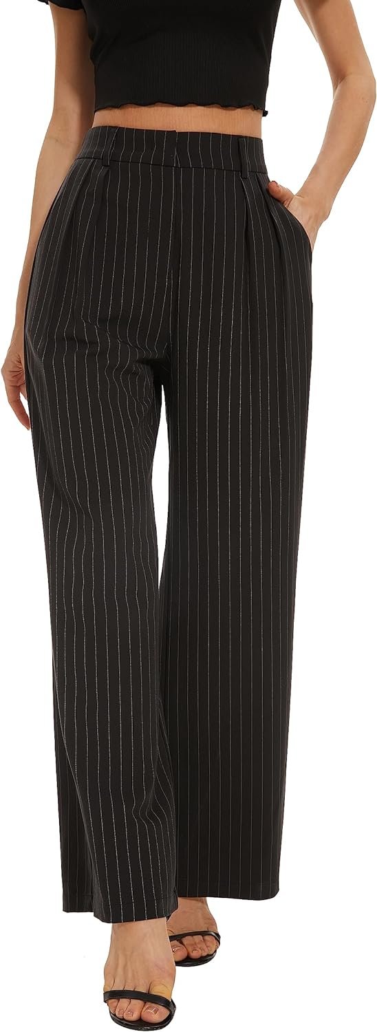716e1fLJo3L._AC_SL1500 Women's Casual Striped High Waisted Wide Leg Pants Elastic Waist Loose Fit Trousers