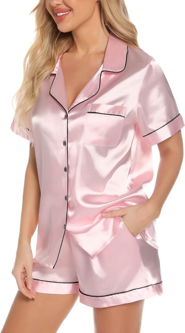 71Mqhc5NbJL._AC_SL1500 Womens Silk Satin Pajamas Set Button Down Pj Sets Short Sleeve Sleepwear Set S-XXl