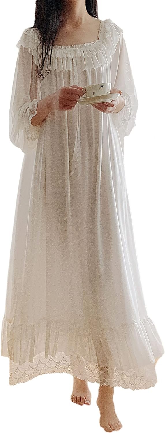 71NVraygpSS._AC_SL1500 Women's Lace  Nightgown Long Sleeve Sleepwear Nightdress
